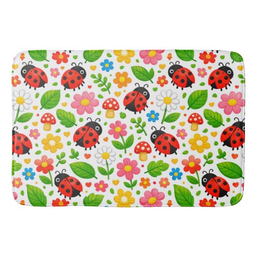 子供向けのかわいいテントウムシと花の装飾 バスマット (正面)