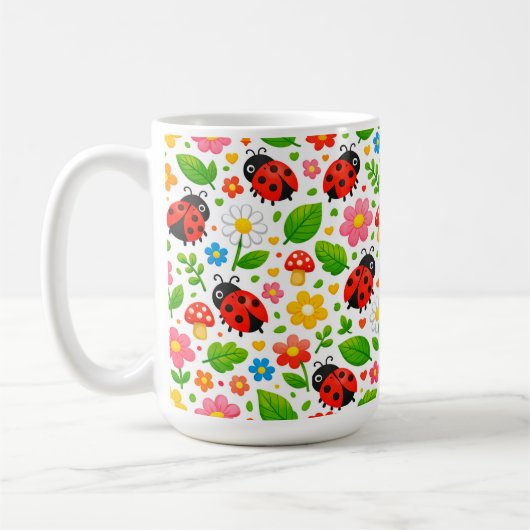 子供向けのかわいいテントウムシと花 自然愛好家 コーヒーマグカップ (左)