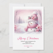 子供向けのかわいいピンクの雪だるまクリスマスグリーティングカード シーズンカード (正面)