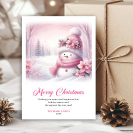 子供向けのかわいいピンクの雪だるまクリスマスグリーティングカード シーズンカード