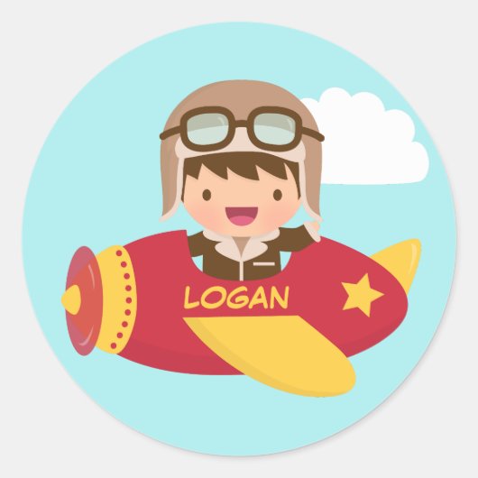 子供向けのかわいい飛行士の少年飛行機アドベンチャー ラウンドシール (正面)