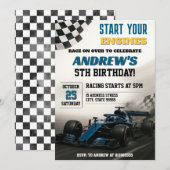 子供向けのレースカーの誕生日パーティー 招待状 (正面/裏面)