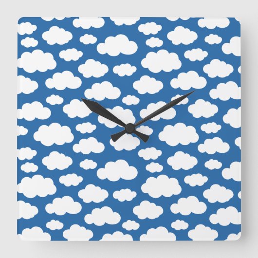 子供向けの可愛いフワフワの雲が青い空に浮かぶ スクエア壁時計 (正面)