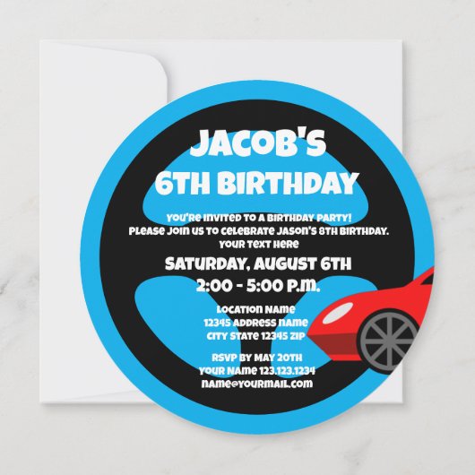 子供向けの自動車レーステーマの誕生日パーティー招待状 招待状 (裏面)