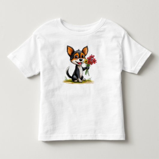 子供向けの花と可愛い犬のギフト トドラーTシャツ (正面)