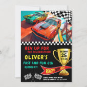 子供向けの速くて楽しいレースカーの誕生日カード 招待状 (正面)