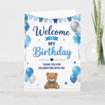 子供向けの青いテディベアの誕生日ウェルカムカード
