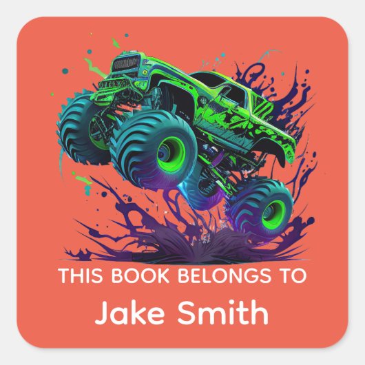 子供向けカスタムグリーンモンスタートラックステッカー スクエアシール (正面)