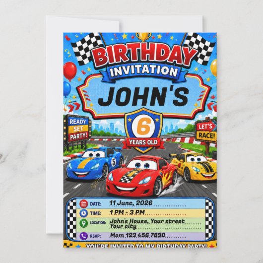 子供向けカーレース誕生日招待状 招待状 (正面)