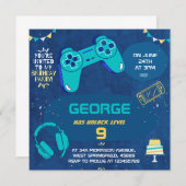 子供向けクールなブルーのビデオゲームの誕生日パーティー招待状 招待状 (正面/裏面)