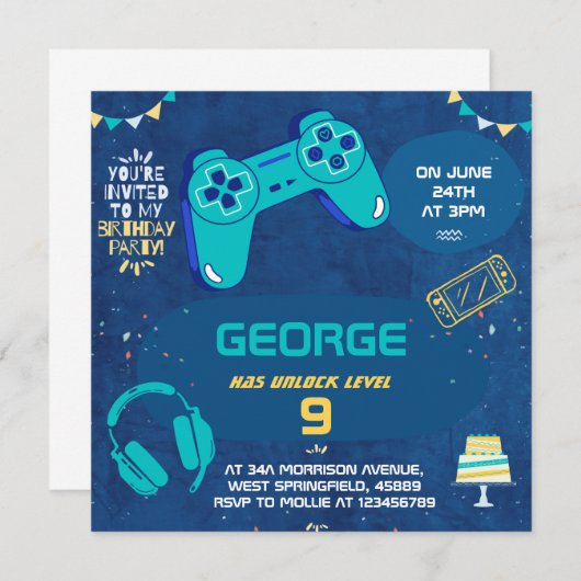 子供向けクールなブルーのビデオゲームの誕生日パーティー招待状 招待状 (正面/裏面)