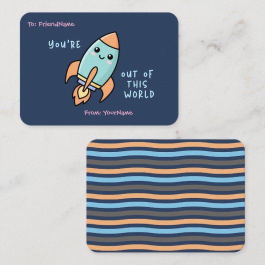 子供向けバレンタインカード 宇宙テーマの教室用 ノートカード (正面/裏面)