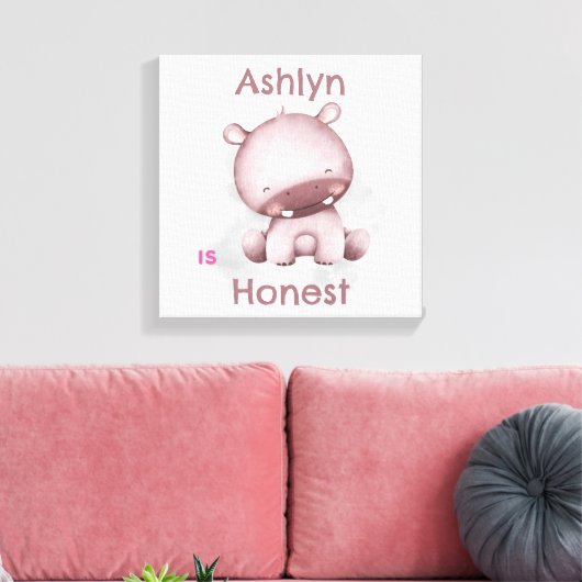 子供向けパーソナライズド アファメーション | 正直な灰色のヒポポタマス キャンバスプリント (インサイチュ (リビング))