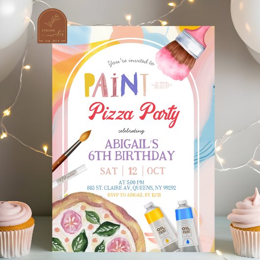 子供向けピザと絵の具パーティーの誕生日招待状 招待状