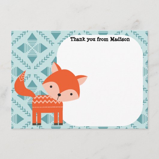 子供向けフラットパネル感謝カード 赤い狐 ノートカード (正面)