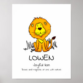 子供向けライオンの名前ポスター「Lowen」の意味は「喜びに満ちたライオン」。ジャングルや動物をテー ポスター