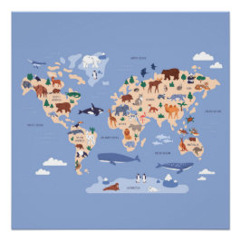 子供向け世界地図(動物付き) ポスター