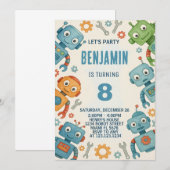 子供向け遊び心あふれるロボット誕生日招待状 招待状 (正面/裏面)