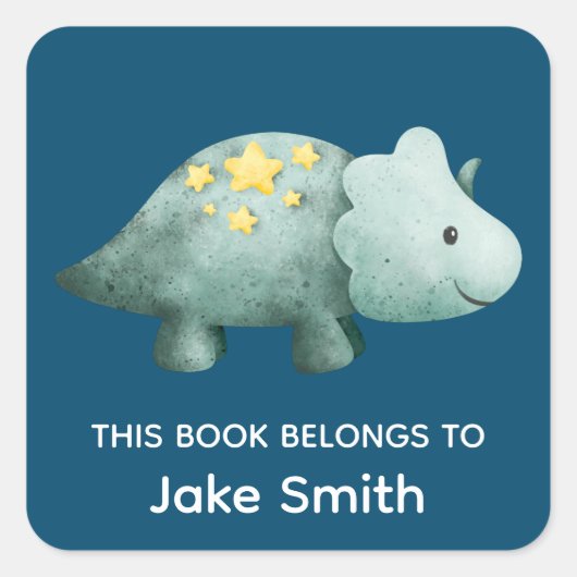 子供向け ネイビーブルー 恐竜と名前の学校用品セット スクエアシール (正面)
