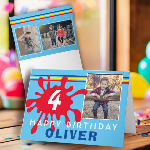 子供向け レッド カラー スプラッシュ 3 枚の写真を使った誕生日カード カード