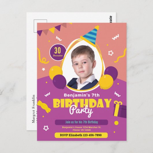 子供吹き出し誕生日パーティー招待カード ポストカード (正面/裏面)