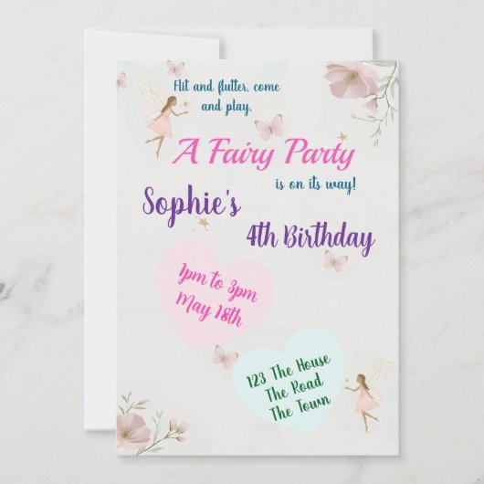 子供妖精をテーマにした誕生日パーティーのフェアリーランド 招待状 (正面)