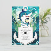 子供用おもしろいウォーターカラーシャーク誕生日 招待状 (スタンド正面)