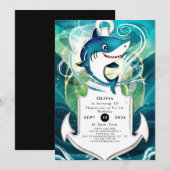 子供用おもしろいウォーターカラーシャーク誕生日 招待状 (正面/裏面)