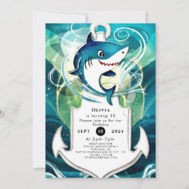 子供用おもしろいウォーターカラーシャーク誕生日 招待状