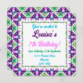 子供用おもしろいピンクパープルグリーン熱帯誕生日 招待状 (正面/裏面)