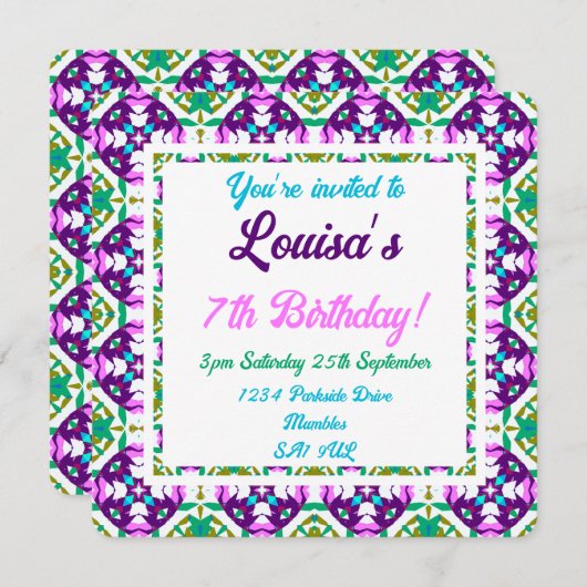 子供用おもしろいピンクパープルグリーン熱帯誕生日 招待状 (正面/裏面)