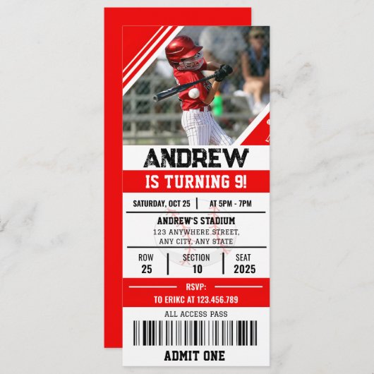 子供用の写真とカスタムベースボールバースデーパーティー 招待状 (正面/裏面)