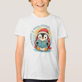 子供用アッシュグレー読書ペンギン冒険コットンテー トライブレンドＴシャツ