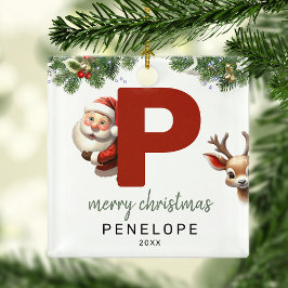 子供用イニシャルPモノグラム クリスマスツリー メタルオーナメント