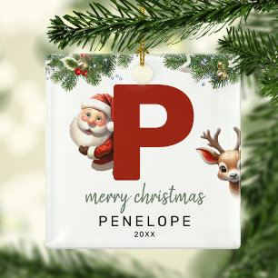 子供用イニシャルPモノグラム クリスマスツリー メタルオーナメント