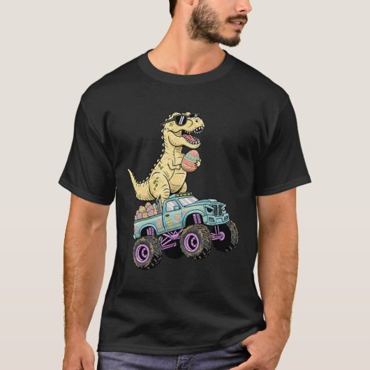 子供用イースターTレックスモンスタートラック恐竜グラフィック Tシャツ (正面)