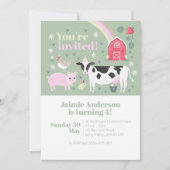 子供用グリーンおもしろいファーム動物牛誕生日 招待状 (正面)