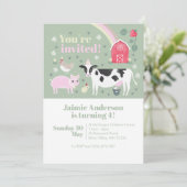 子供用グリーンおもしろいファーム動物牛誕生日 招待状 (スタンド正面)
