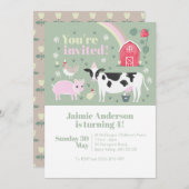 子供用グリーンおもしろいファーム動物牛誕生日 招待状 (正面/裏面)