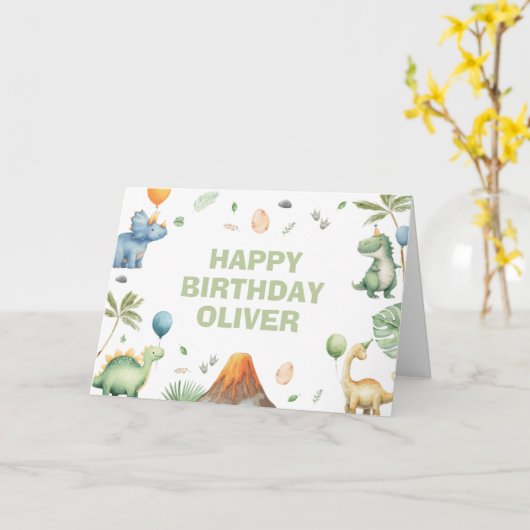 子供用ジュラシック恐竜のオーダーメイドバースデー カード (黄色い花)