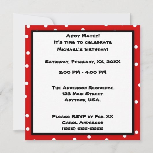 子供用スカル海賊版水玉模様誕生会 招待状 (裏面)