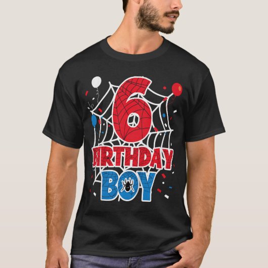 子供用スパイダーウェブ 6歳の誕生日おめでとう 男の子 Tシャツ (正面)