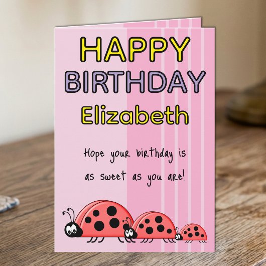 子供用テントウムシ 名前入り ピンク 誕生日 カード