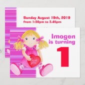 子供用ドールファーストバースデーピンク誕生日招待状 招待状 (正面/裏面)
