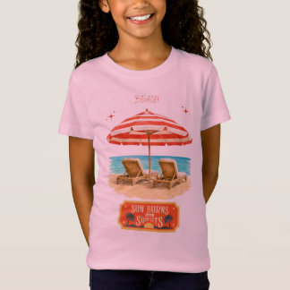 子供用ピンクのビーチとサンセットTシャツ Tシャツ