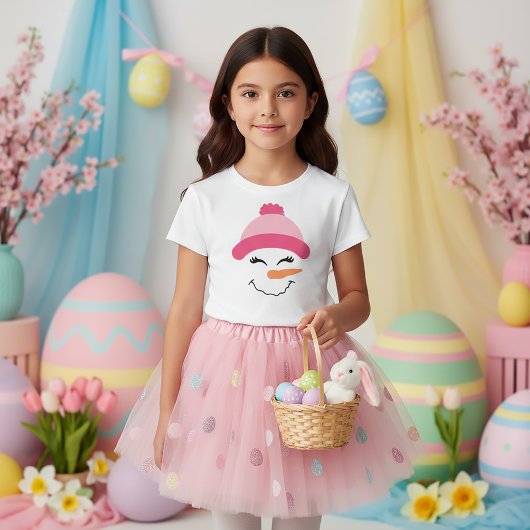 子供用ピンクの帽子をかぶった雪だるまフェイスTシャツ Tシャツ