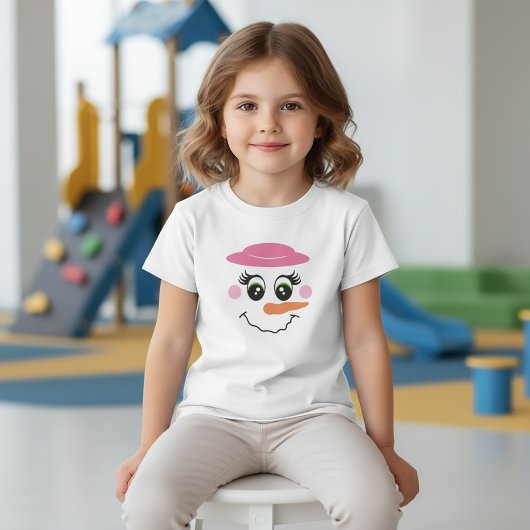 子供用ピンクの帽子付きスノーマンのスマイルフェイスTシャツ Tシャツ