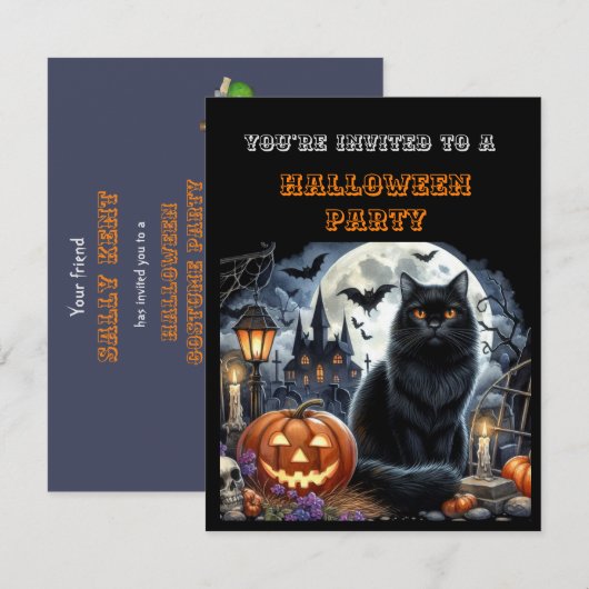 子供用ブラックハロウィンコスチュームパーティー招待状 (正面/裏面)