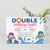 子供用プールの誕生日パーティー | ダブルお祝い 招待状 (スタンド正面)