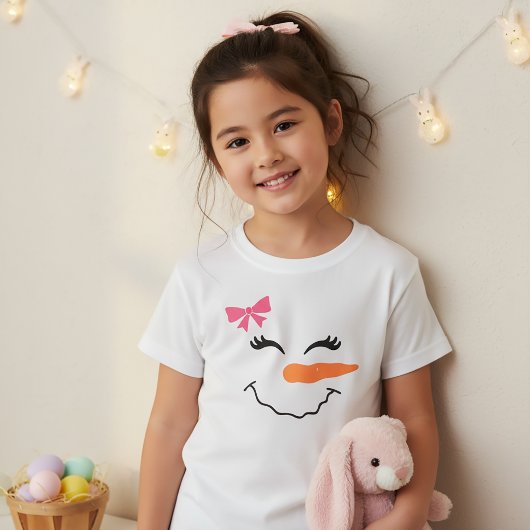 子供用リボン付き雪だるま顔スマイルTシャツ Tシャツ